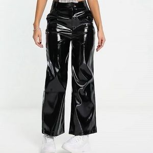 Violet Romance high shine faux leather wide leg pants in black